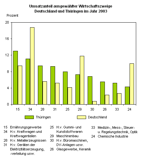Umsatzanteil ausgewählter Wirtschaftszweige Deutschland und Thüringen im Jahr 2003 