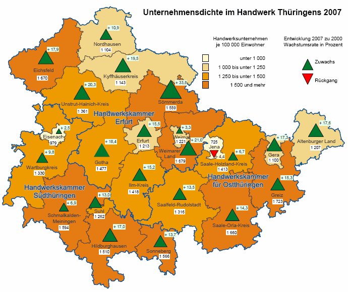Unternehmensdichte im Handwerk Thüringens 2007
