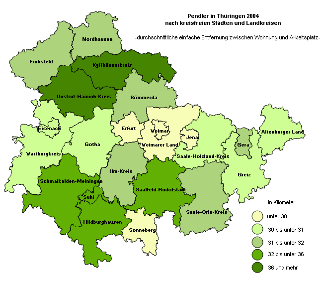Pendler in Thüringen 2004 nach kreisfreien Städten und Landkreisen