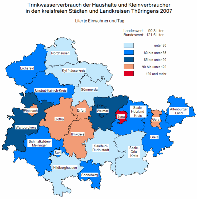 Trinkwasserverbrauch der Haushalte und Kleinverbraucherin den kreisfreien Städten und Landkreisen Thüringens 2007