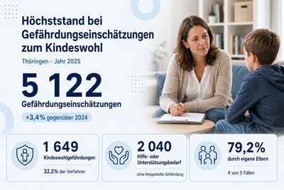 zur Pressemitteilung 174 vom 15. Juli 2026: „Erneuter Höchststand an Gefährdungseinschätzungen zum Kindeswohl in Thüringen im Jahr 2025<br><thin>In 4 von 5 Fällen Gefährdung durch eigene Eltern</thin>“ im PDF-Format